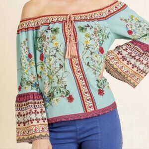 Umgee Floral Off the Shoulder Boho Blouse Bell Sleeves Top Sz M NWT
